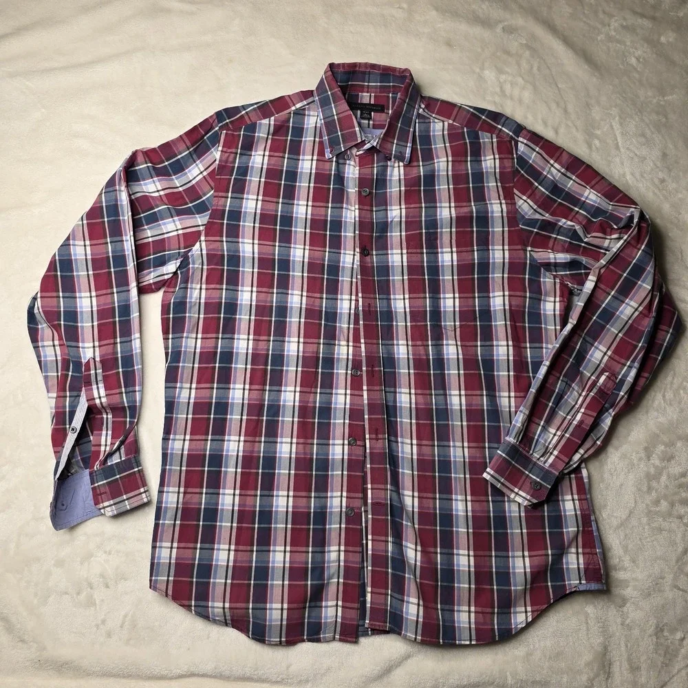 Banana Republic Linen Shirt Mens‎ Large Red Plaid Button Up made in Bangladesh